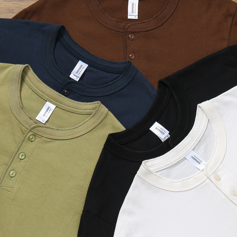 Amekaji 260g Henry Collar Short Sleeve Vintage Pure Cotton Tough Guy Fitness Simple Men's T-Shirt Wholesale Breathable Wrinkle-Resistant