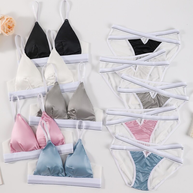 French Contrast Satin Intimates Set Triangle Cup High Elastic Breathable Comfortable Soft Sexy Bra Set Briefs