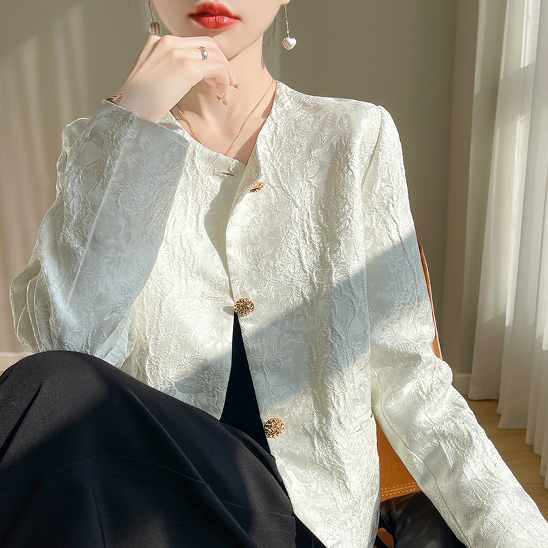 Silk Satin 2026 Spring/Summer New Women's Round-Neck Stylish Buttoned Solid Color Jacquard Blazer Jacket