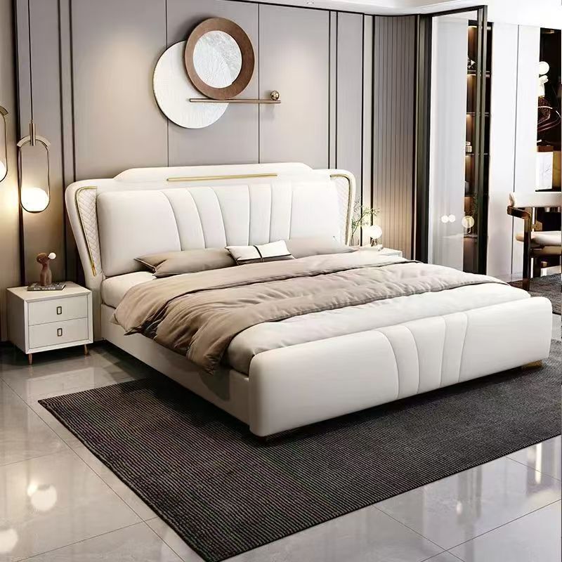 New Model with Night Light, Light Luxury Modern Minimalist Genuine Leather Double Bed, Large Bed, Italian-Style Master Bedroom Wedding Bed, Storage Bed New Model with Night Light, Light Luxury Modern Minimalist Genuine Leather Double Bed, Large Bed, Italian-Style Master Bedroom Wedding Bed, Storage Bed