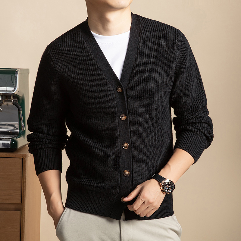 Men's Thickeneded Woolen Sweater Cardigan V Neck Middle-Aged Autumn and Winter Thick Woolen Heart Collar Super Thick Sweater Jacket for Men