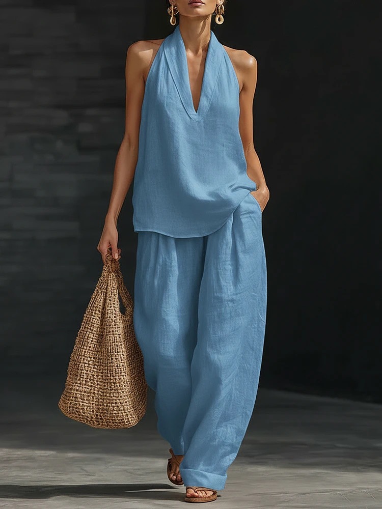 Women's Linen Two-Piece Set Vest And Camisole Office Casual Summer Outfit Breathable Comfort_ecoleips.com