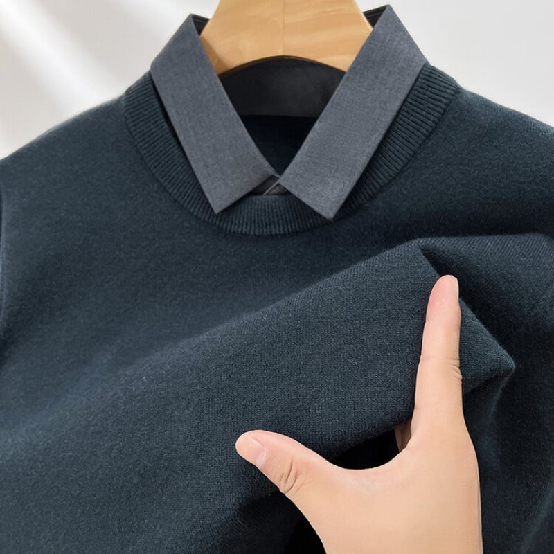 2024 Autumn and Winter Shirt Collar Fake Two-piece Sweater Men's New Contrast Color Top All-match Business Casual Base Shirt Long Sleeve