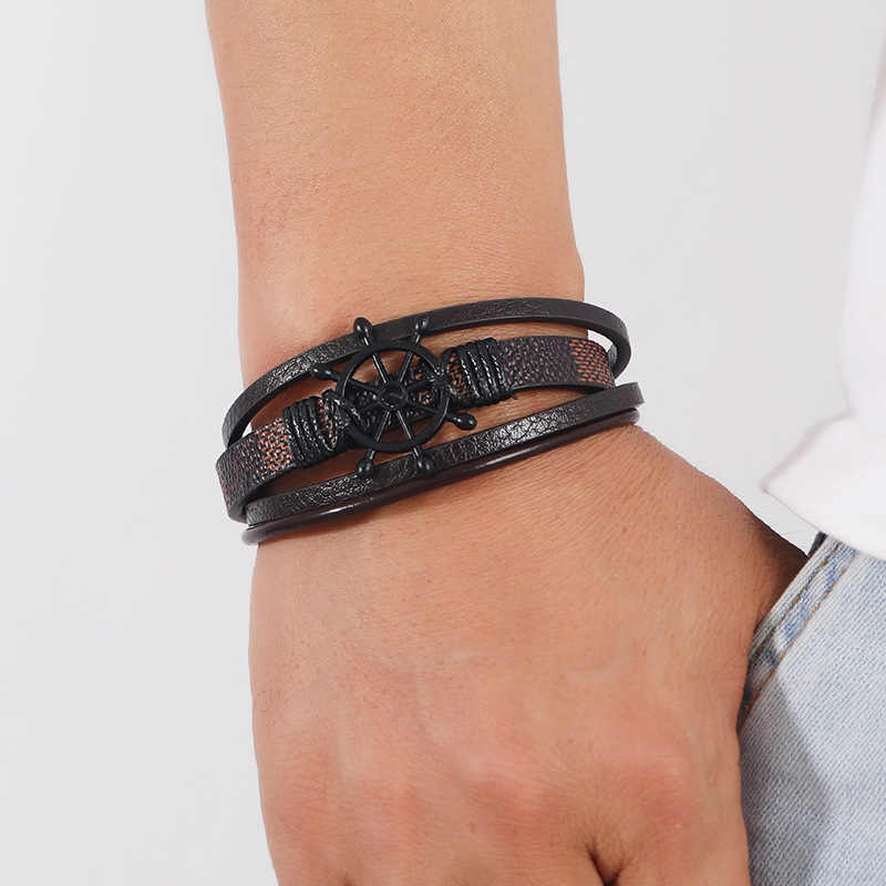 25g Weight Bangle Classification 1 Piece Quantity Daily, Street Occasion Pu Leather, Alloy Material Rudder Pattern Men's Gender Retro Style Retro Rudder Pu Leather Alloy Men's Bangle Men Cord & Leather Bracelets 8