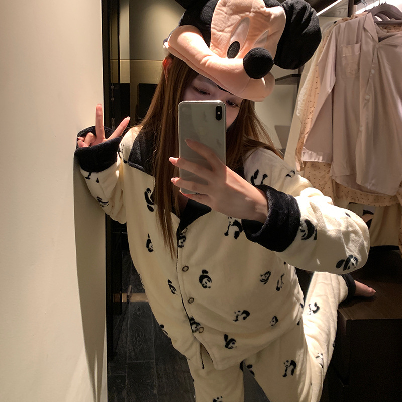 Pajamas Women's Autumn and Winter Flannel Loose Large Size Thickened Women's Cardigan Home Wear Set 260g