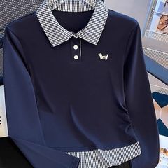 大码格子Polo领长袖t恤女春秋新款胖mm褶皱收腰显瘦短款打底上衣