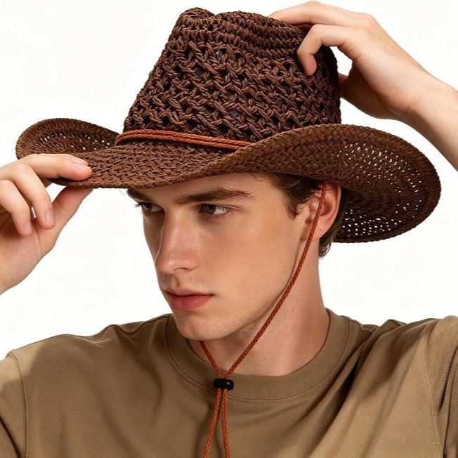 Cross-Border New Style Western Cowboy Hollow-Out Straw Hat with Windproof Rope Design, Summer Outdoor Sun Protection Breathable Sun Hat Wholesale