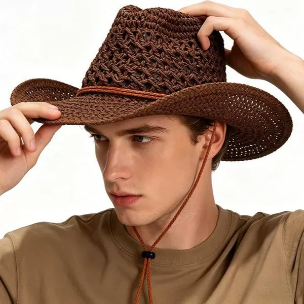 Cross-Border New Style Western Cowboy Hollow-Out Straw Hat with Windproof Rope Design, Summer Outdoor Sun Protection Breathable Sun Hat Wholesale