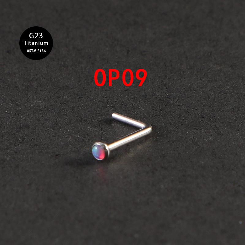 F136 Pure Titanium Alloy Hook Opal Side Nose Body Piercing Jewelry Ear Stud 20G 0.8mm Thin Rod_voghion.com