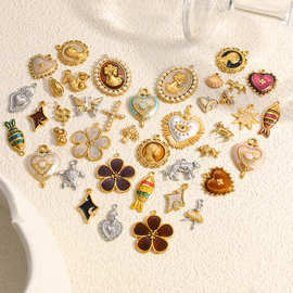 跨境不锈钢饰品配件复古风照片人像滴油嵌珍珠蝴蝶爱心镀18k真金