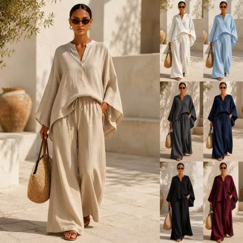 2026 Spring and Autumn New Cross-Border Women's Clothing Amazon Independent Station Casual Loose V-Neck Solid Color Shirt Set