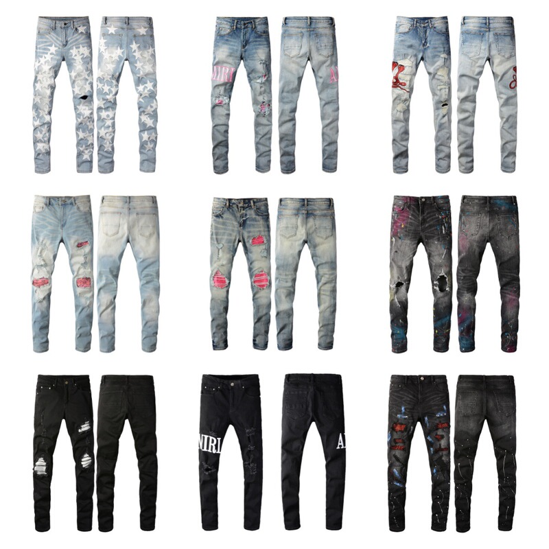 Cross-border European and American Tide Brand AMIRI Heavy Craft Washed Ripped Men's high quality Leather Pencil Jeans