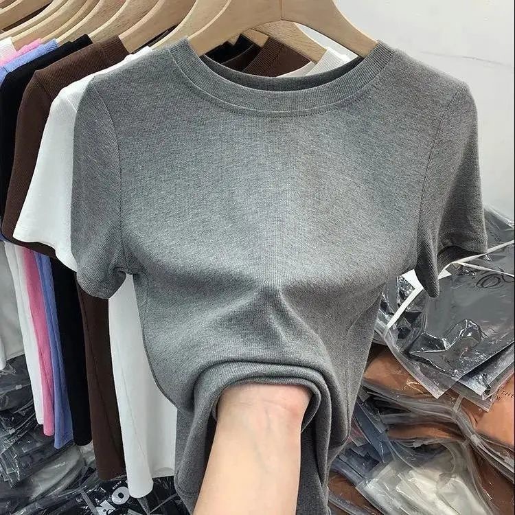 ソリッドカラーフェイシャルマスクTシャツレディース半袖2024夏新作フレンチスリムフィットデザインボトリングシャツトップ|undefined