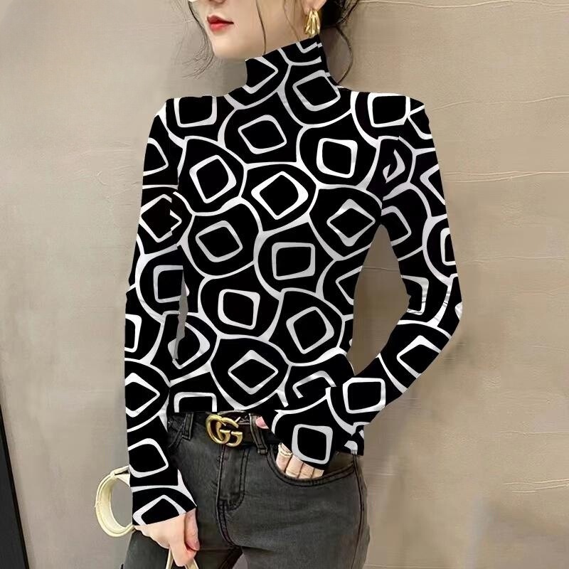 New Korean-Style Long-Sleeve T-Shirt for Women, Half-High Collar Base Shirt, Fleece-Lined, Thickened, Slim-Fit, Warm Plaid for Spring, Autumn, and Winter