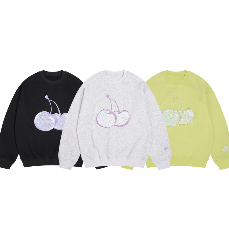 in stock 2024 New South Korea Cherry Embroidered Mustard Yellow Cotton terry Loose Crewneck Pullover Sweatshirt Women's Trendy