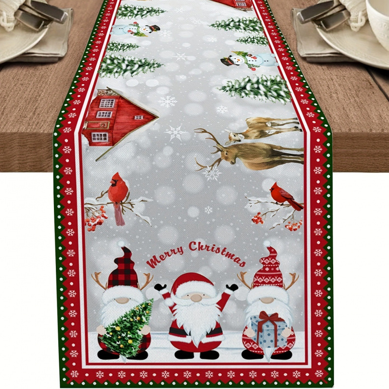 Camino de mesa navideño con estampado de muñeco de nieve y Santa