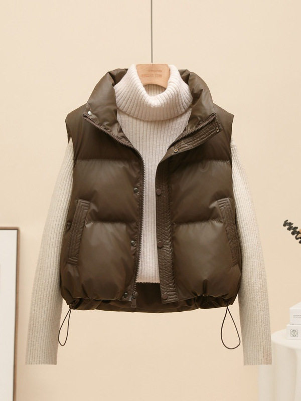 Áo khoác ngắn nữ dáng vest cổ đứng, phối túi khóa kéo ngực, giữ ấm mùa đông — Màu trắng nhạt, Xanh quân đội, màu đen, nâu