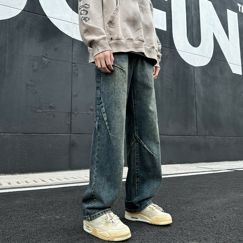 Hong Kong Style Men's Clothing 2024 Summer New Men's Jeans Large Size American Washed Splicing Casual Straight Long Pants