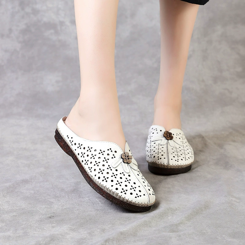 Summer retro slippers, genuine leather, for middle age