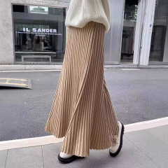 外贸新款纯色坑条设计感百褶针织半身长裙女高腰垂坠感针织伞裙女