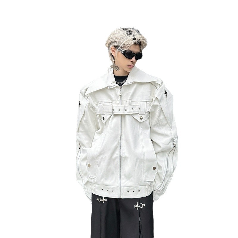 アメリカの小衆解构pu皮ジャケット男性秋vibe潮牌ゆるいデザイン感ごろつきかっこいい機関車ジャケットコート
