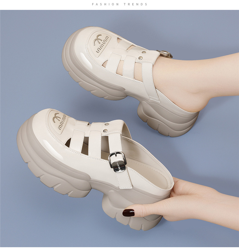 Dép sandal nữ quai chữ V đế xuồng dày 5 cm, phong cách La Mã, mũi kín, kiểu lười khoét lỗ — JST 7131 màu đen, JST 7131m màu chi tiết 11