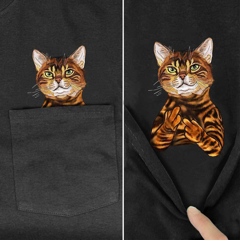 Pocket Short Sleeve Men's CLOOCLT T-shirt Cat T Brown Bear Middle Finger Printed Patch Bag Fun and Novelty Pet_voghion.com