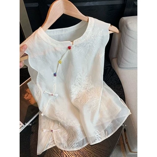 新中式斜领盘扣无袖上衣女夏季2026新款洋气减龄百搭显瘦别致小衫