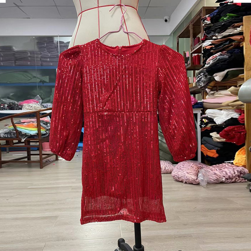 Navidad lentejuelas falda Comercio exterior Navidad padre-niño traje europeo y americano brillante lentejuelas manga larga slim fit vestido su2681