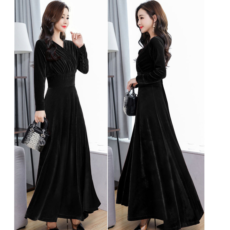 New Spring, Autumn, and Winter Velvet Dress, Long Slim-Fit Elegant Long-Sleeve Plus-Size Autumn Dress for Women, Trendy Long Skirt