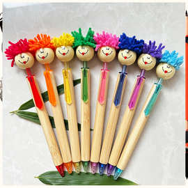 毛绒娃娃头圆珠笔笑脸卡通笔环保竹木笔清洁拖把头按动笔礼品笔