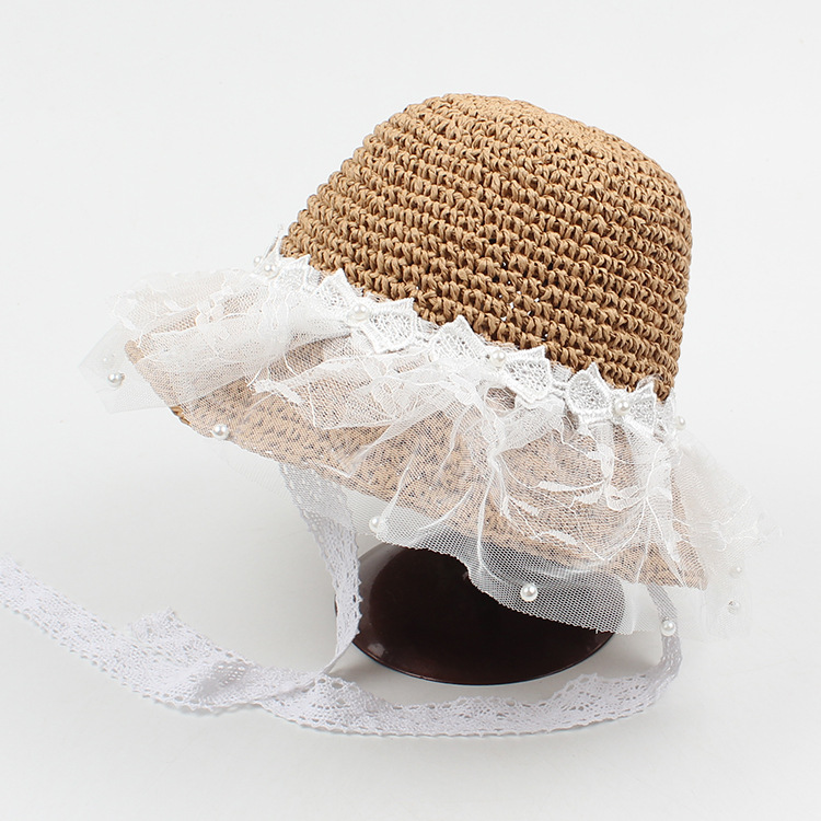 Korean Style Bowknot Pearl Lace Mesh Children's Straw Hat display picture 6