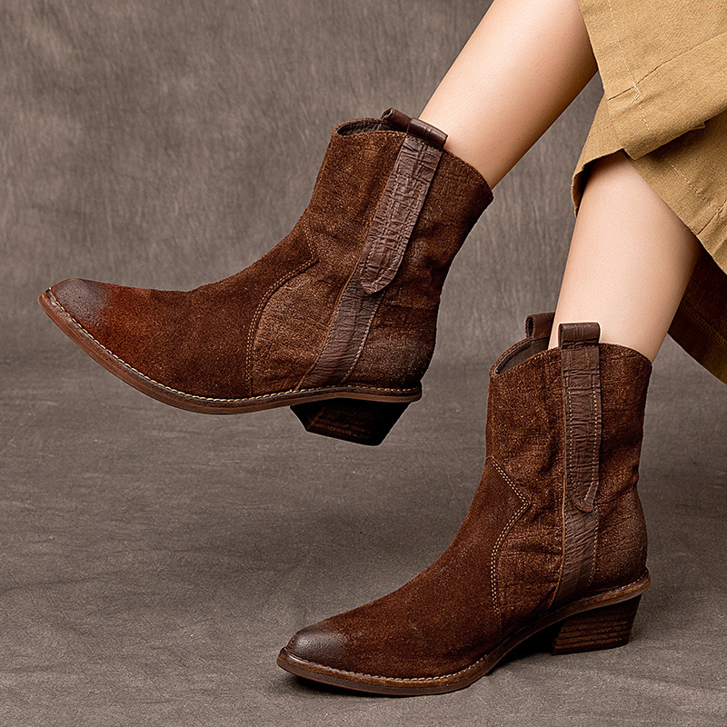 2025 새로운 가을, 겨울 정품 가죽 마틴 부츠 패션 중간 굽 뾰족한 말 가죽 여성 부츠 서양 카우보이 스타일 짧은 부츠 하이 엔드