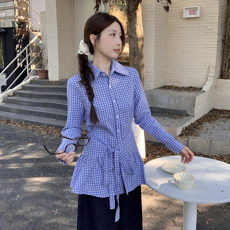 学院风蓝色格子衬衫女2025新款小众别致上衣春秋季衬衣马甲两件套|undefined