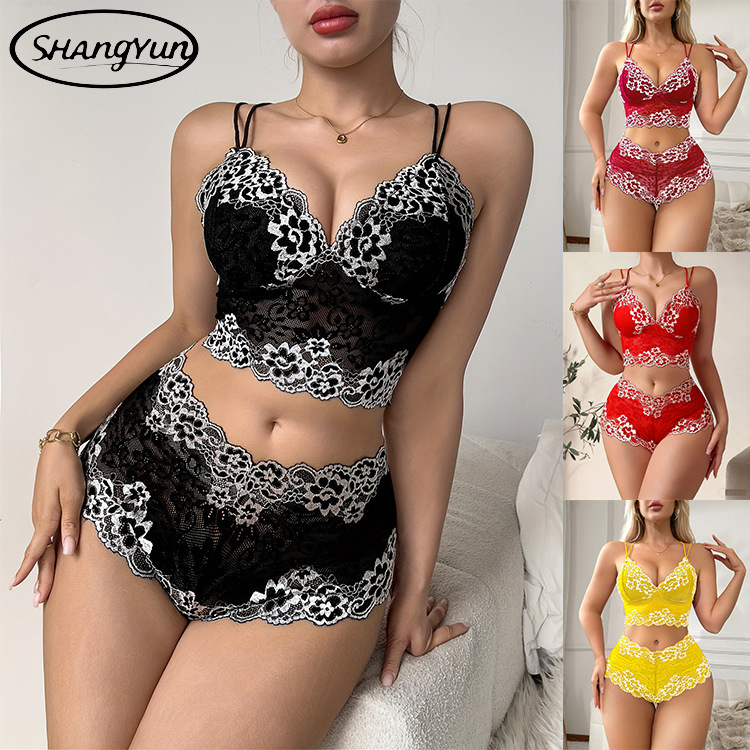 New Cross-Border Sexy Lingerie, Lace See-Through Three-Piece Color-Blocked Camisole Two-Piece Set, European and American Custom Wholesale