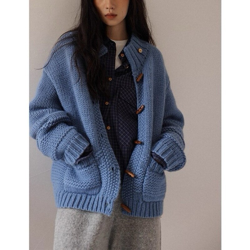 Scandinavian Style 100 Icelandic Wool Thick Needle Wooden Button Sweater Jacket Cream Sea Salt