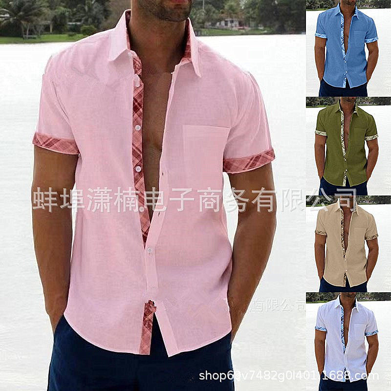 2023 Summer European and American Men's Shirts Short Sleeve Casual Men's Shirts Men's Cuffs Neck Contrast Color Lapel Tops