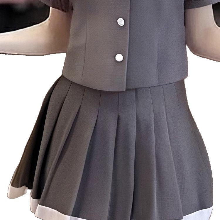 女の子スーツ夏服 2025 新しい韓国カレッジスタイルリボンファッショナブルな半袖トッププリーツスカート 2 点セット|undefined
