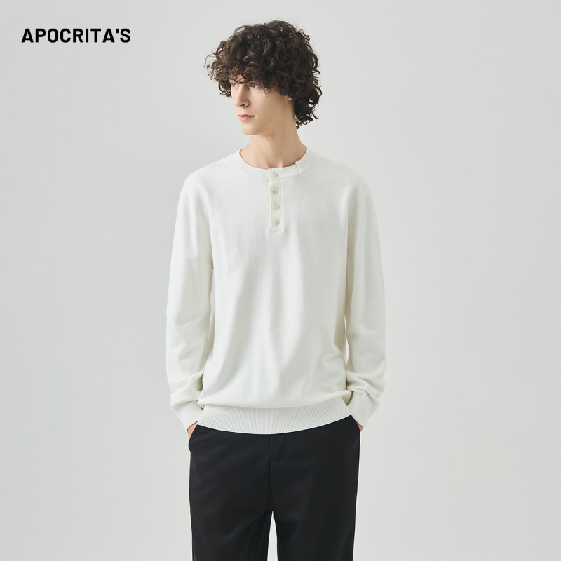 APO男装|跨境毛衣男秋季老钱风半开亨利领简约休闲内搭上衣针织衫|undefined