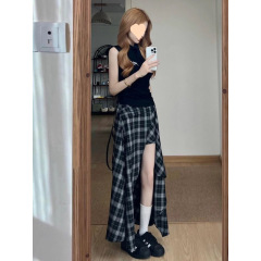 夏季新款法式气质黑色无袖蝴蝶结上衣显瘦女设计感不规则格纹半裙