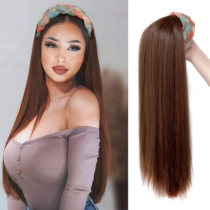 Factory color woven rhinestone hairband wig head cover one-piece long straight hair European and American AliExpress hairband wig half head cover Factory color woven rhinestone hairband wig head cover one-piece long straight hair European and American AliExpress hairband wig half head cover