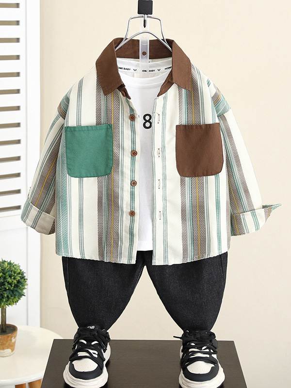 5827 chaqueta de camisa para niños primavera y otoño 2025 nuevo bebé otoño versión coreana camisa de manga larga para niños blusa a rayas