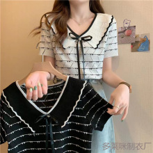 蝴蝶结娃娃领镂空短袖针织衫女夏季薄修身撞色短款甜美可爱小个子