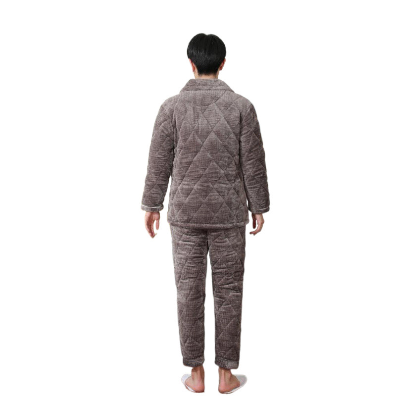 (2개) 플란넬 남성용 가정 의류 겨울 플러스 벨벳 두꺼운 3 겹 누비 재킷 겉옷 잠옷 면화 의류 및 바지 투피스 슈트