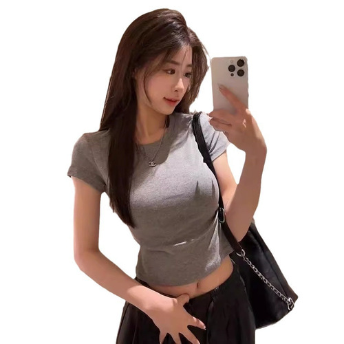 Women's Fitted T-shirt Short Sleeve Summer Round Neck Straight Shoulder Underwear to Show Chest Elastic Tight Hot Girl Style Sexy