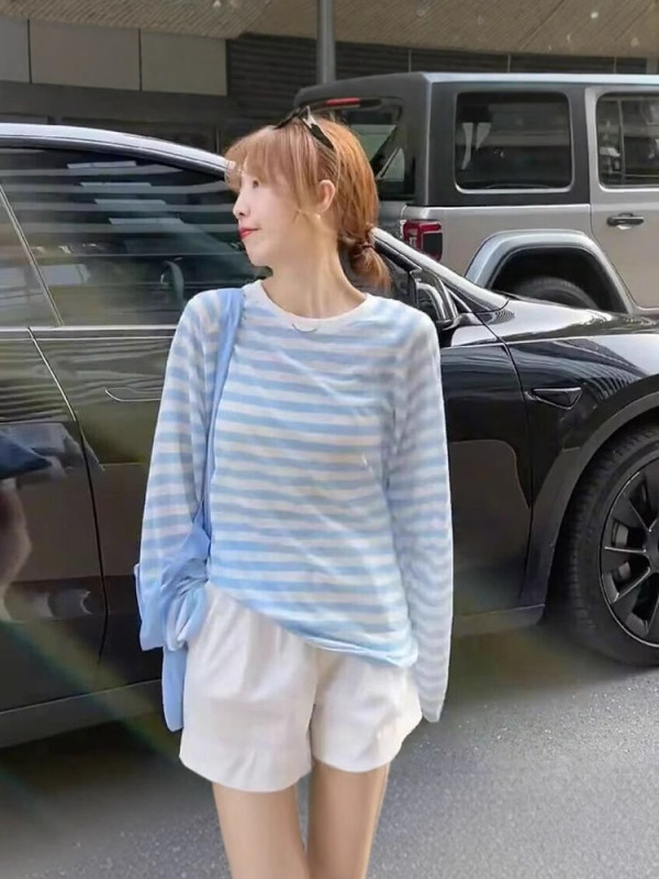 【工場在庫あり】テンセルリブ+ソロナコントラストストライプ日焼け止めブラウス夏ゆったり薄手Tシャツ|undefined