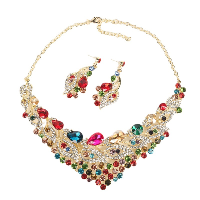 Luxe kleurrijke ketting oorbellen set bruidssieraden overdreven diamanten set sieraden set_voghion.com