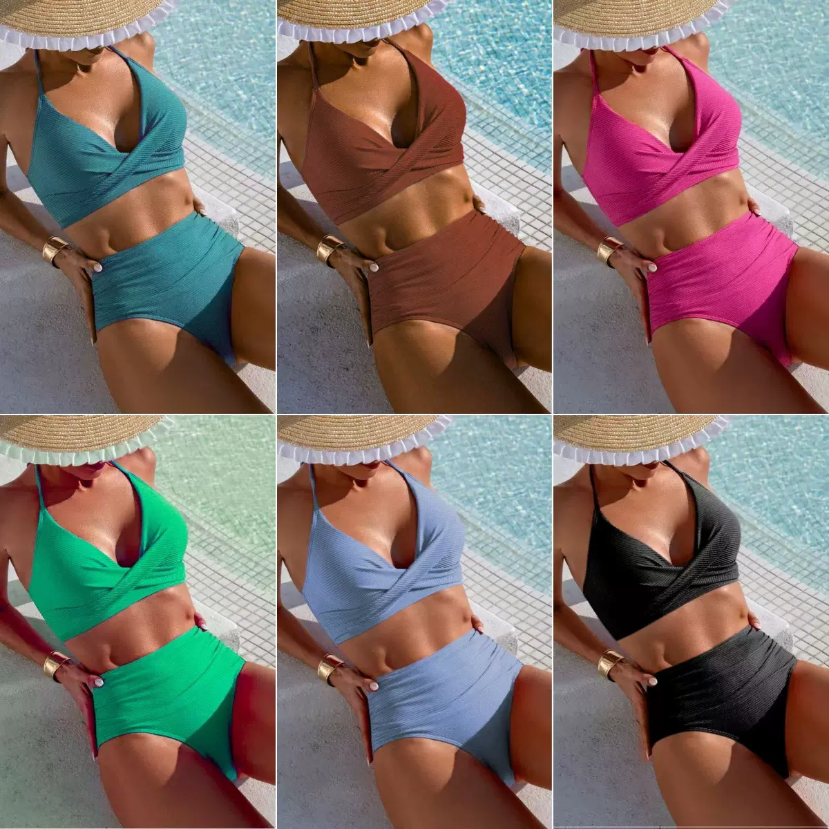 欧美分体泳衣女性感交叉挂脖高腰比基尼纯色修身遮肚跨境泳衣女