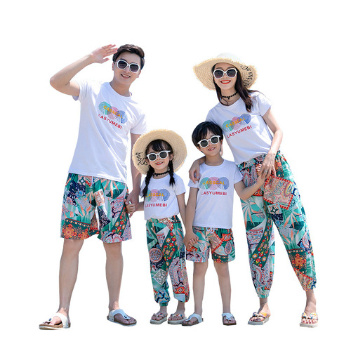 Beach parent-child clothing, summer clothing, seaside vacation, western-style family of three and four, nine-point pants, fashionable printed casual suits