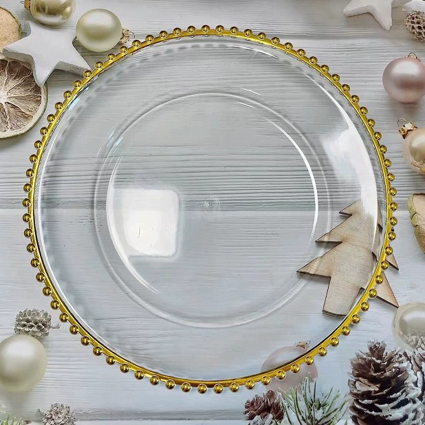 Фабрика Прямая Золото Жемчуг Свадебный отель бисер прозрачная декоративная пластиковая пластина зарядное устройство пластина